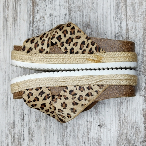 Like New Office Girl Leopard Calf Hair Flatform Espadrille Slide Sandal - Picture 12 of 16